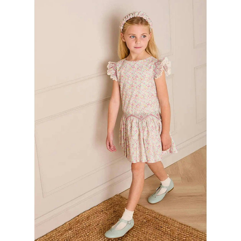 Adelaide Floral Smocked Cap Sleeve Drop Waist Dress in Pink (4-12yrs)