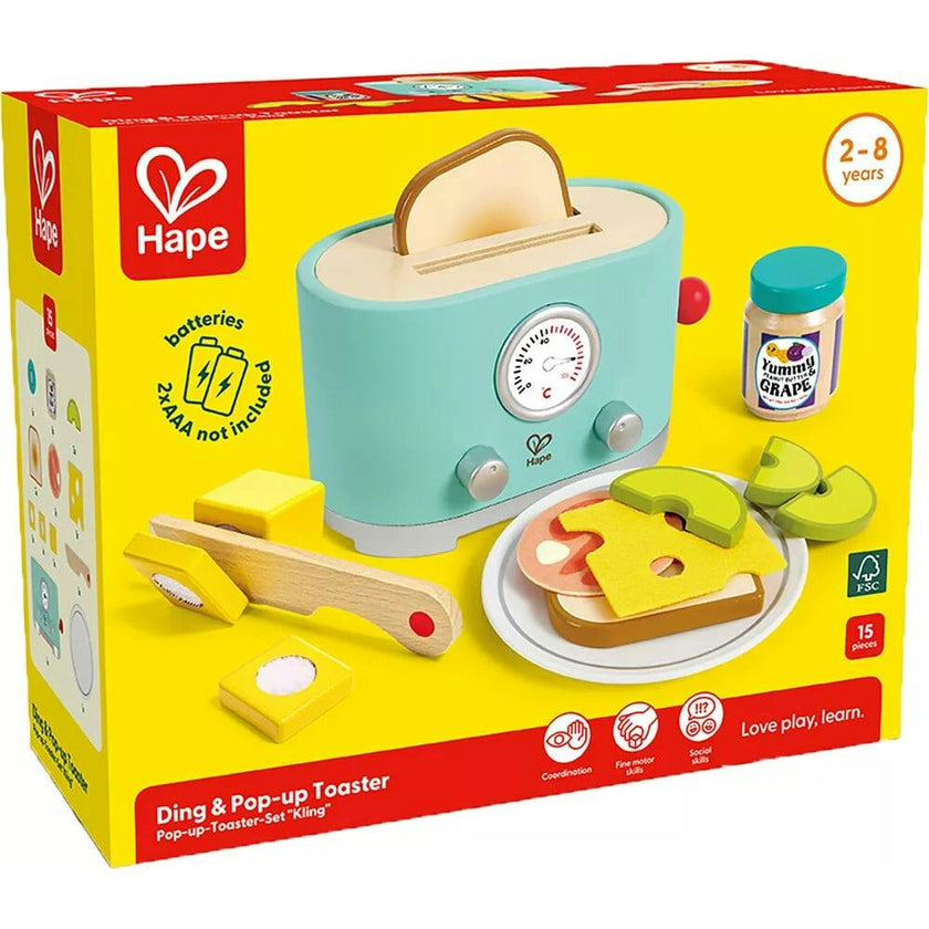 Hape: Ding & Pop-Up Toaster - 15pc Teal Wooden Food Playset