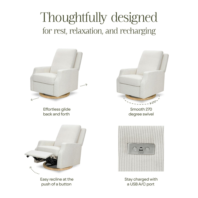 Crewe Electronic Recliner and Swivel Glider in Fog Chatham Stripe Light Wood Base