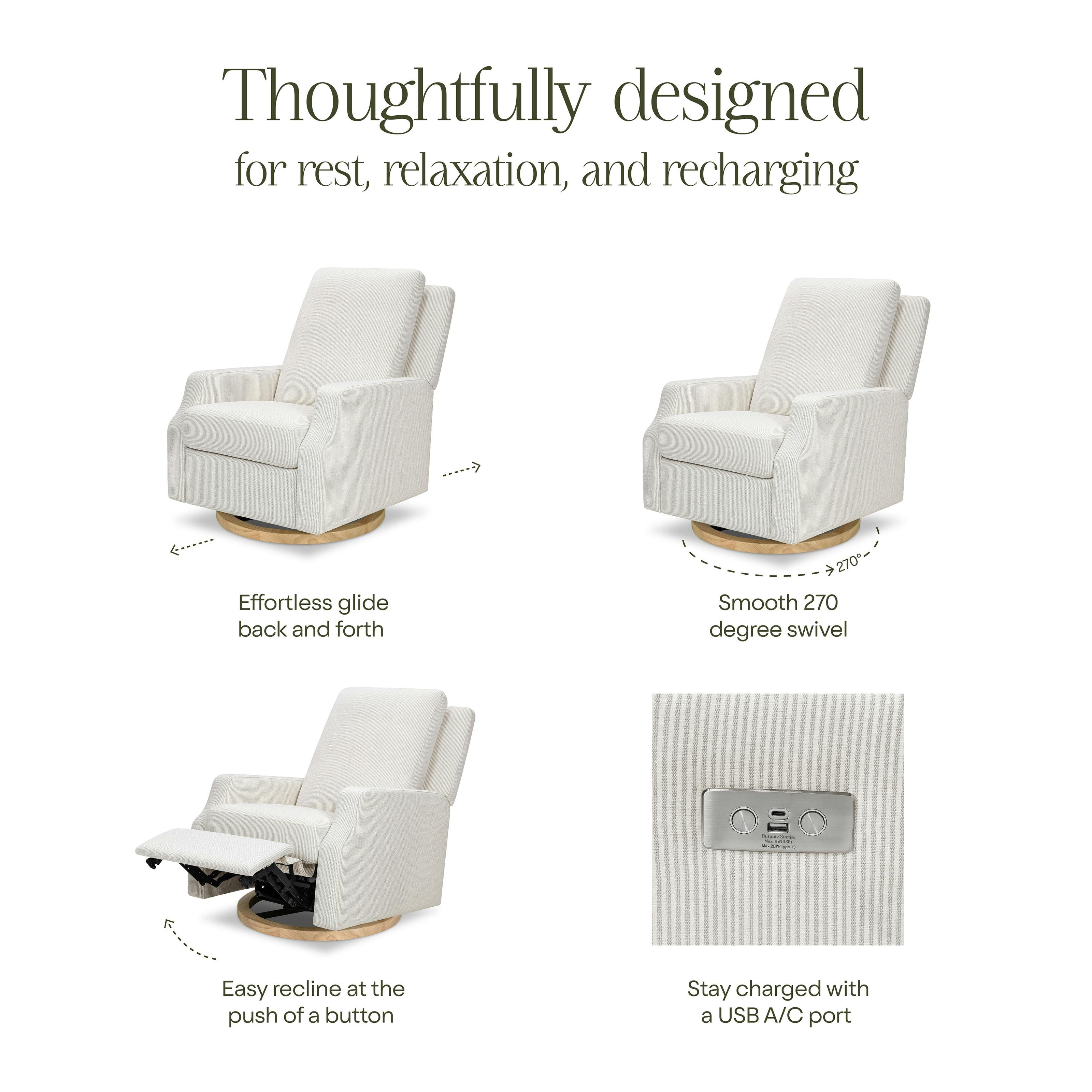 Crewe Electronic Recliner and Swivel Glider in Fog Chatham Stripe Light Wood Base