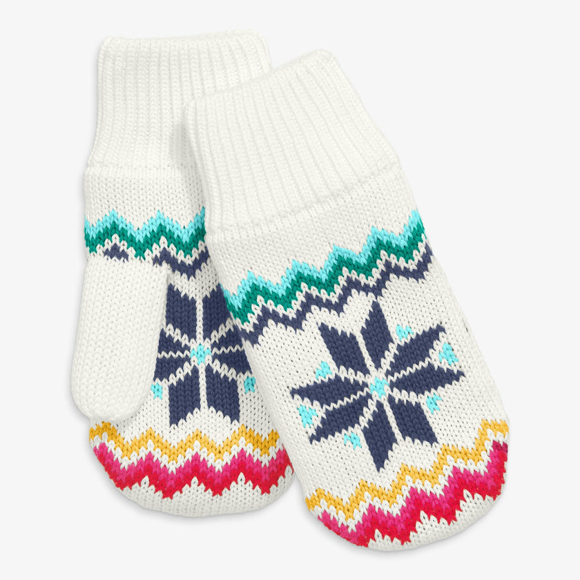 Kids knit mittens in rainbow snowflake fair isle