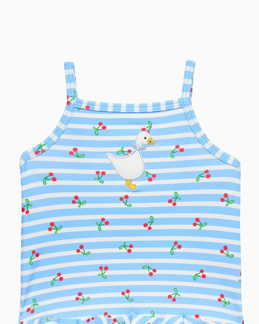 Baby Cherry Stripe Duck Swimsuit in Blue