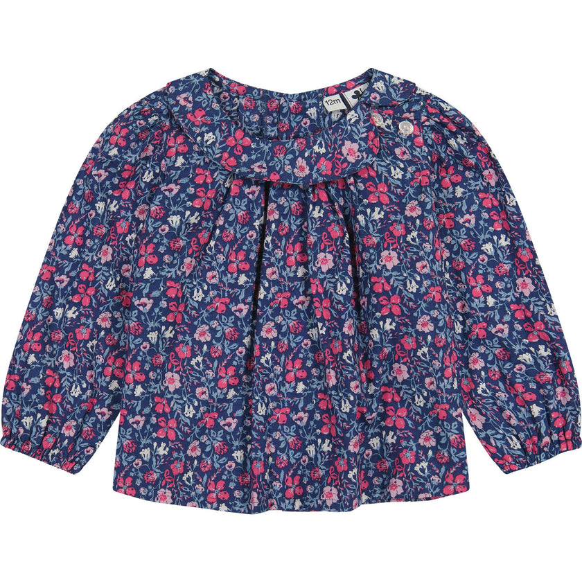 Sadie Side Floral Peter Pan Collar Bubble Sleeve Blouse, Pink