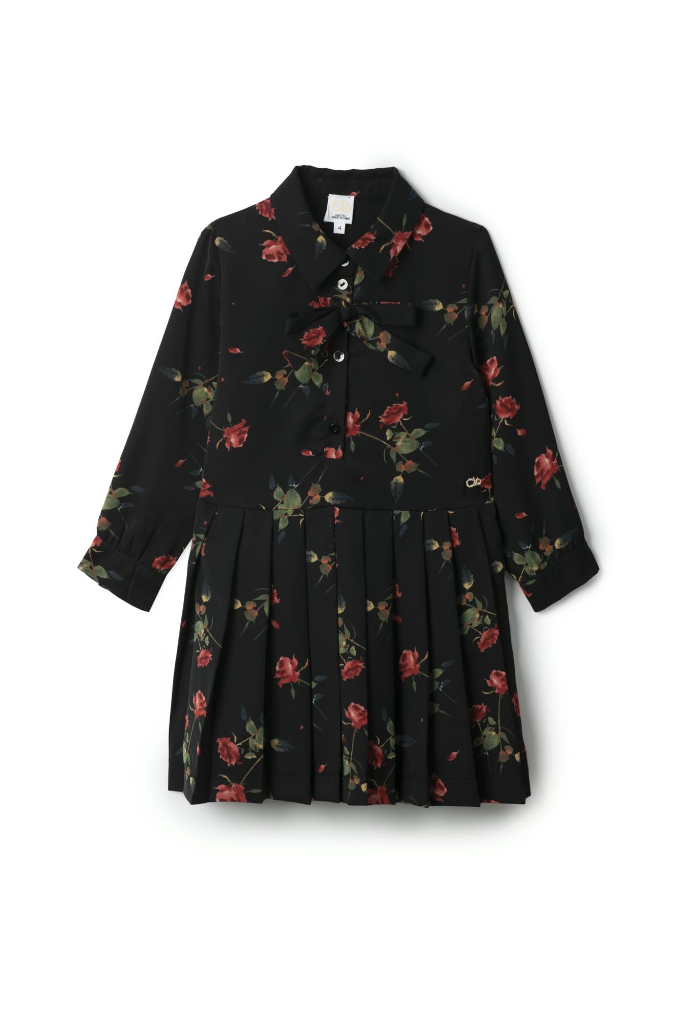 Woven Rose Print Pleated Button Front Dress