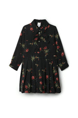 Woven Rose Print Pleated Button Front Dress