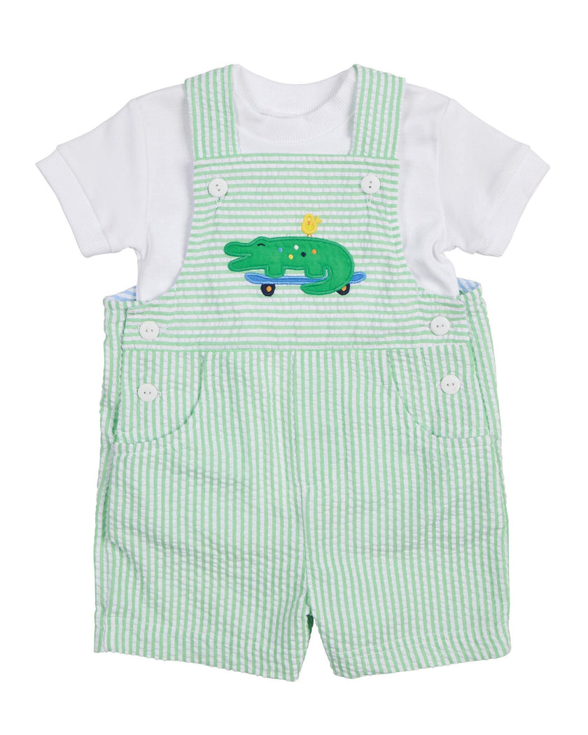 Seersucker Shortall With Skateboarding Gator