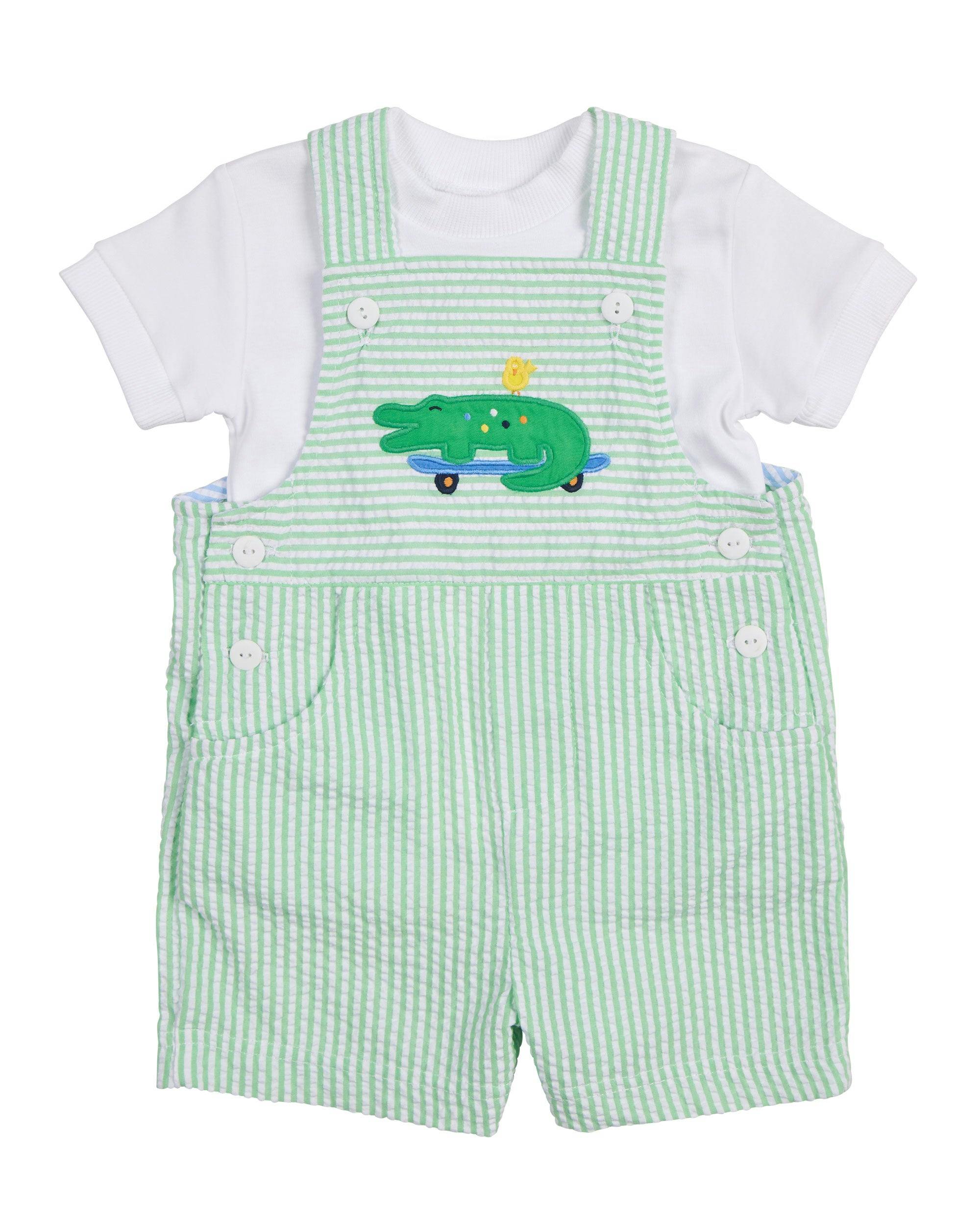 Seersucker Shortall With Skateboarding Gator