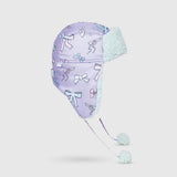 The Cozy Trapper Hat – Bows Print with Pale Aqua Sherpa Liner & Pompoms