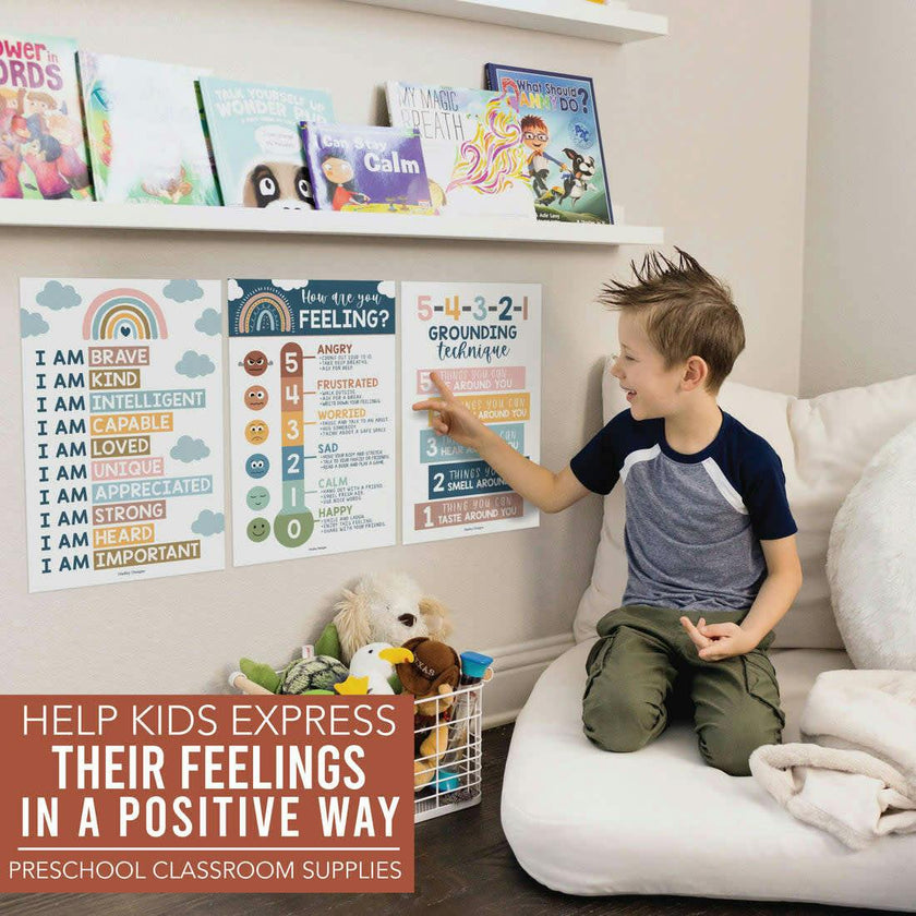 16-Piece Laminated Boho Rainbow Prek & Kindergarten Posters & 8-Piece Calming Corner Posters