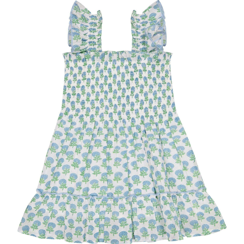 Mini Paloma Girl's Dress Aqua Floral Block Print, Multi