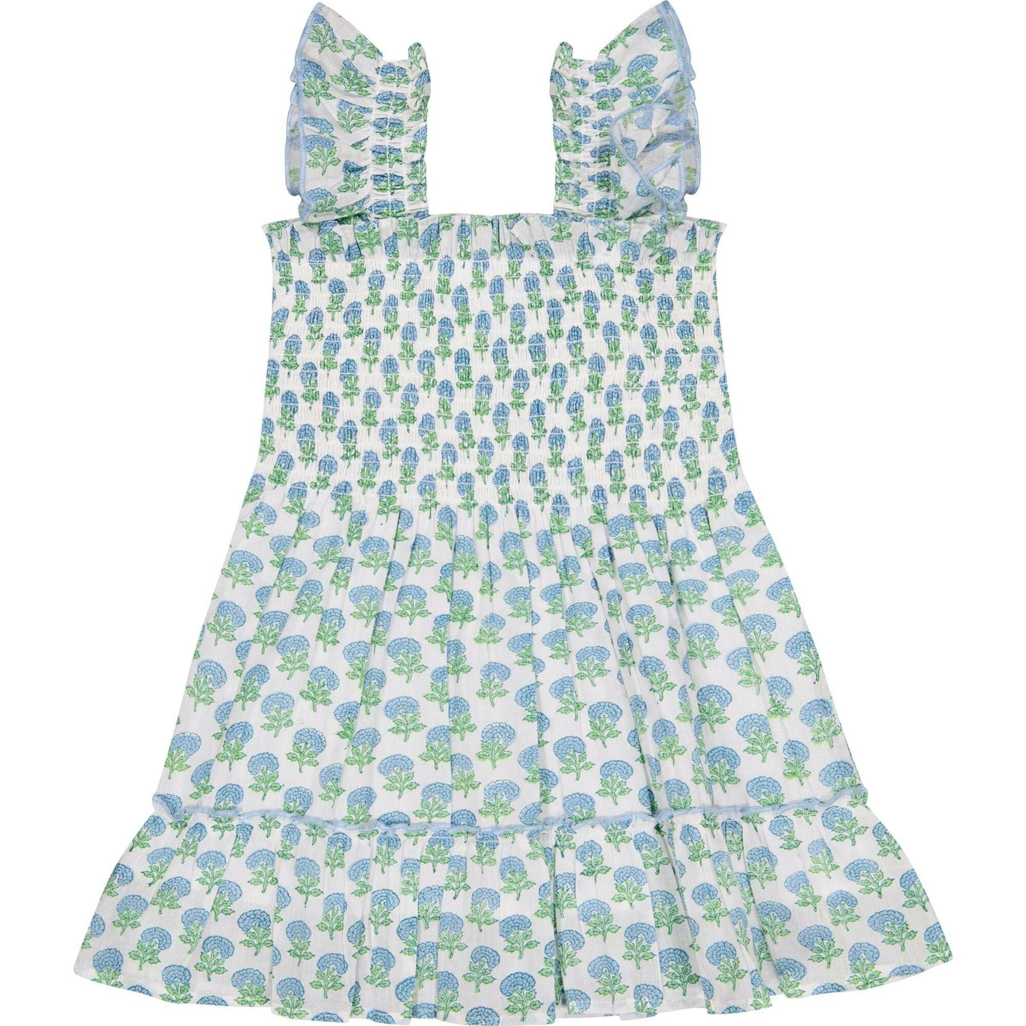 Mini Paloma Girl's Dress Aqua Floral Block Print, Multi