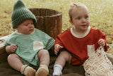 Cory Pocket Romper in Thin Mineral Green Stripe