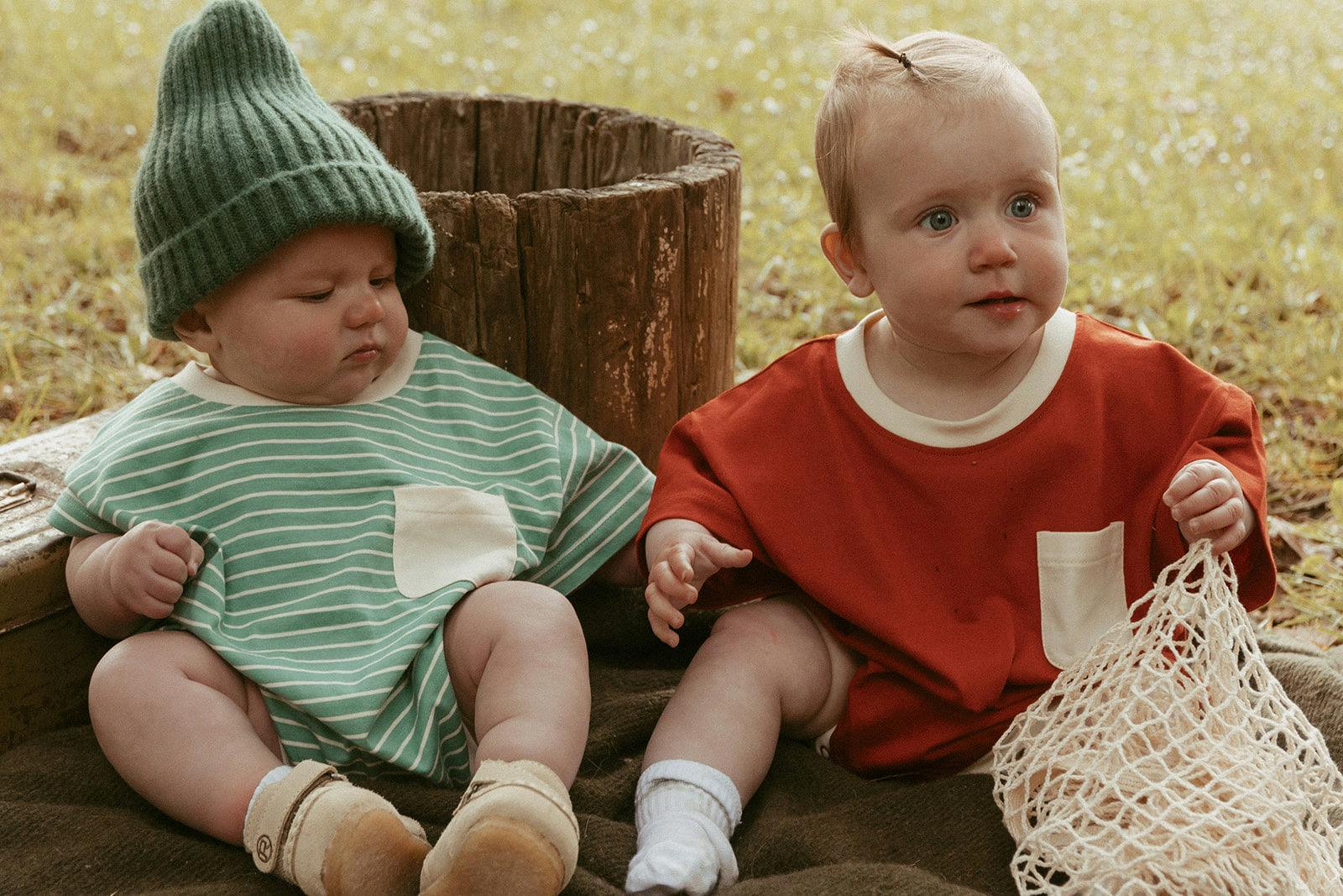 Cory Pocket Romper in Thin Mineral Green Stripe
