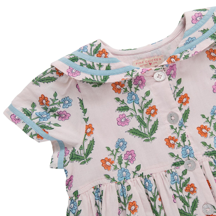 Girls Elowen Dress - Pink Dewdrop Block Print