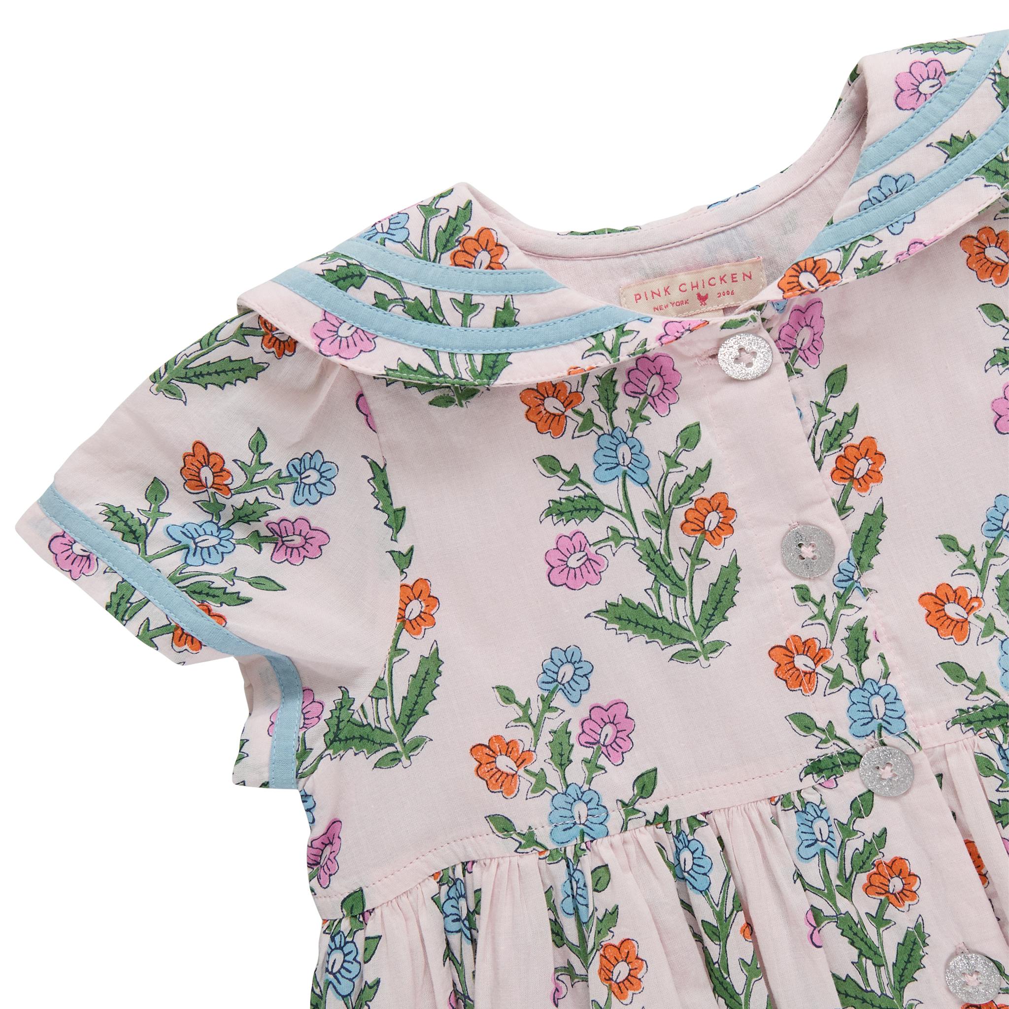 Girls Elowen Dress - Pink Dewdrop Block Print