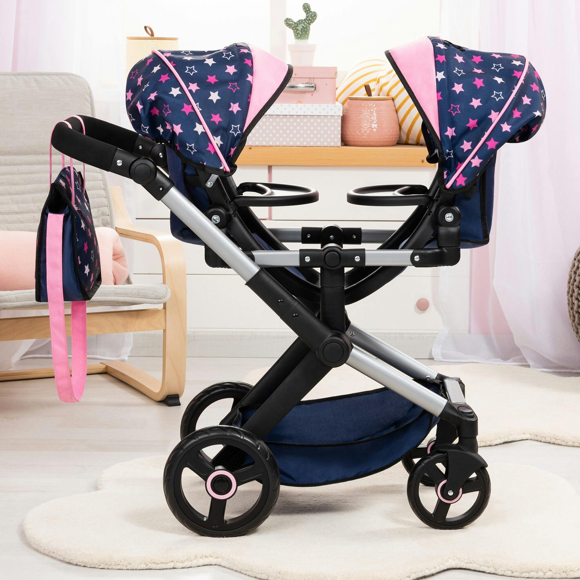 Bayer Design Dolls: Xeo Twin Pram - Stars Navy & Pink