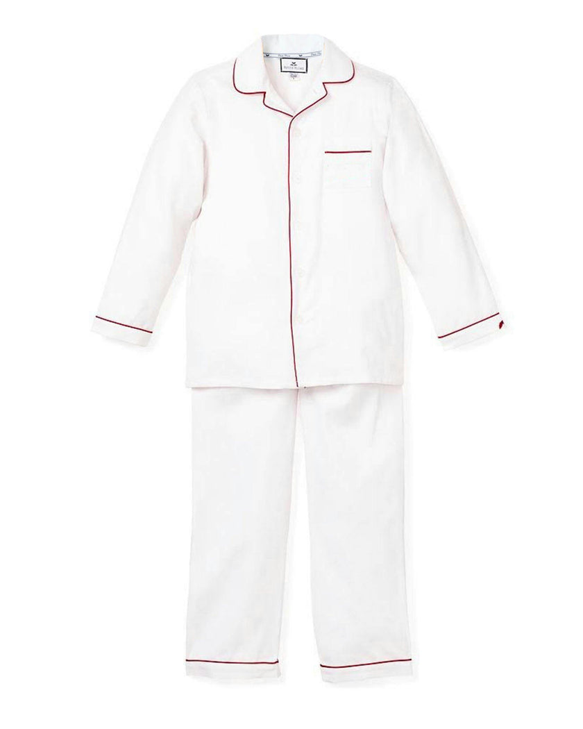 Kid's Twill Pajama Set in White with Red Piping