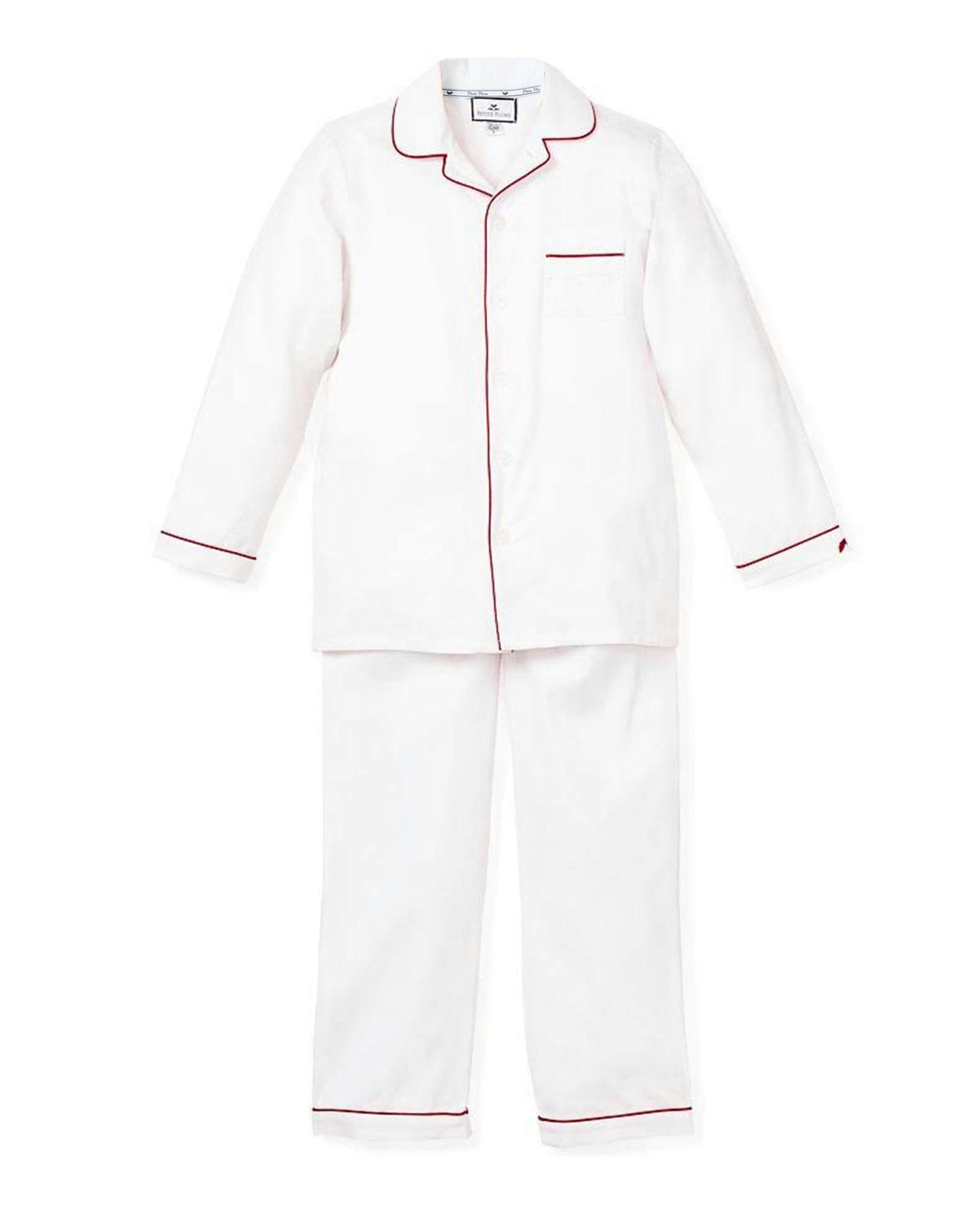 Kid's Twill Pajama Set in White with Red Piping