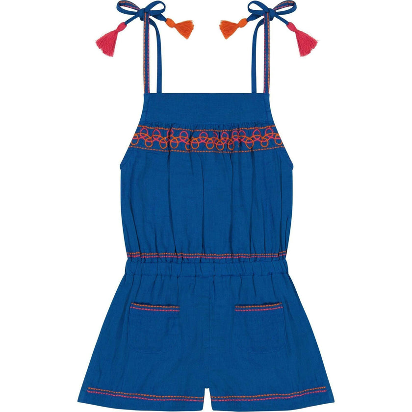 Inez Girl's Shoulder Tie Romper Classic Blue Embroidery, Blue