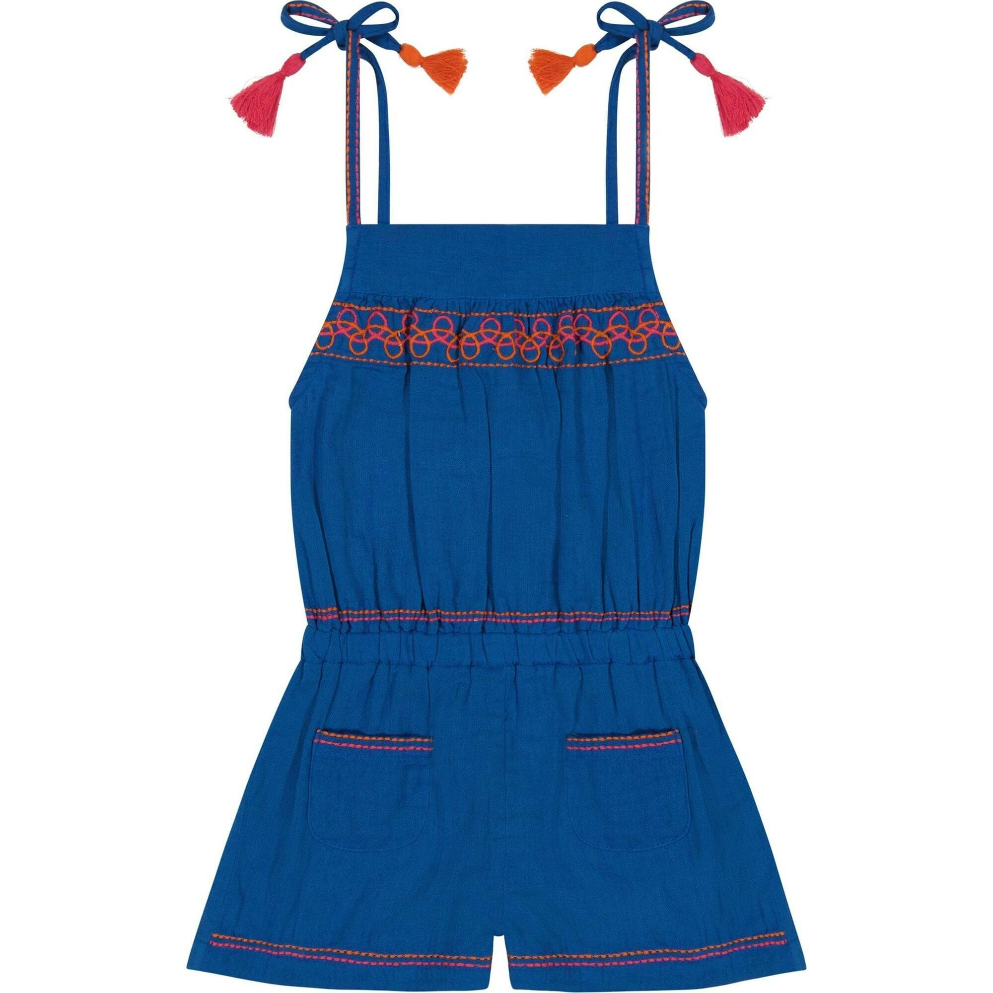 Inez Girl's Shoulder Tie Romper Classic Blue Embroidery, Blue