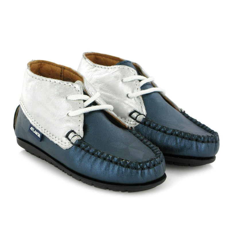 Ankle Moccasin Boots, Silver Metallic Leather