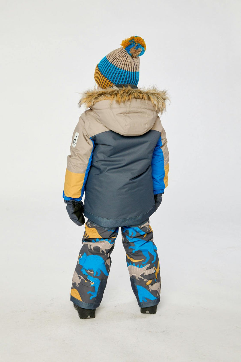 Two Piece Play Snowsuit Colorblock with Grey and Blue Dinosaur Print Pants