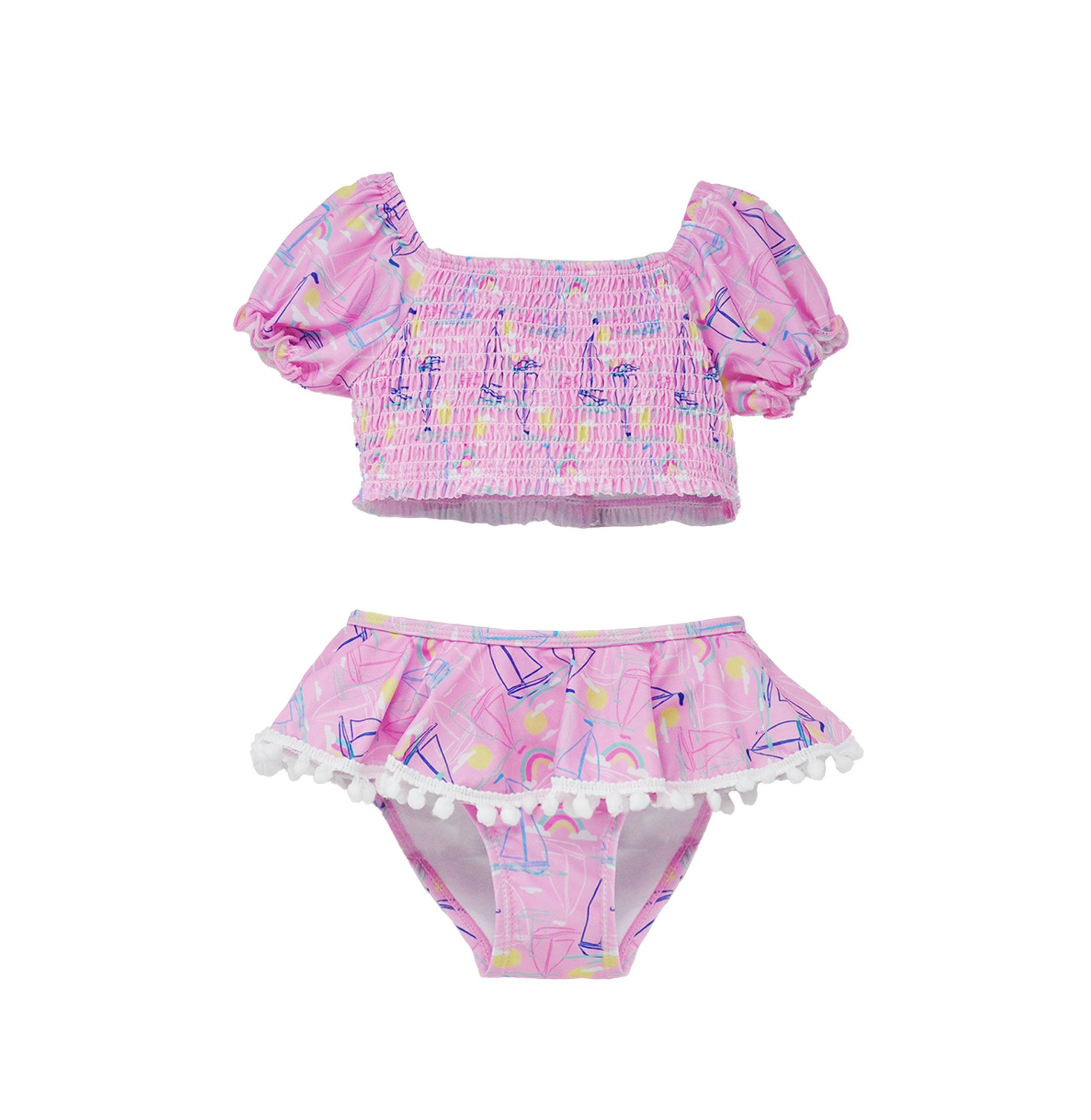 UPF 50+ Gemma Two-Piece Smocked Pom-Pom Swimsuit
