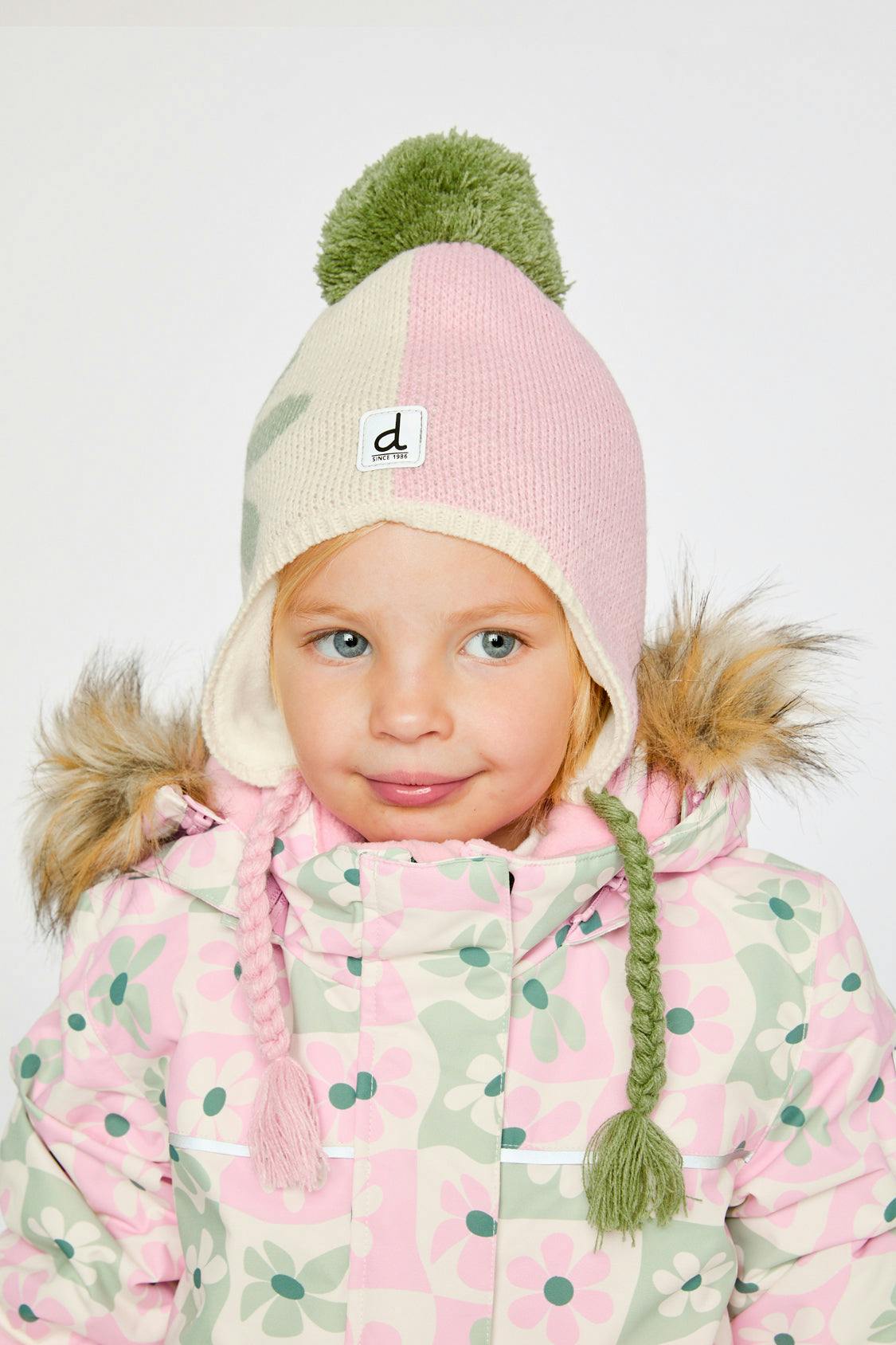 Winter Peruvian Knit Hat with Pompom Lavender Pink and Green