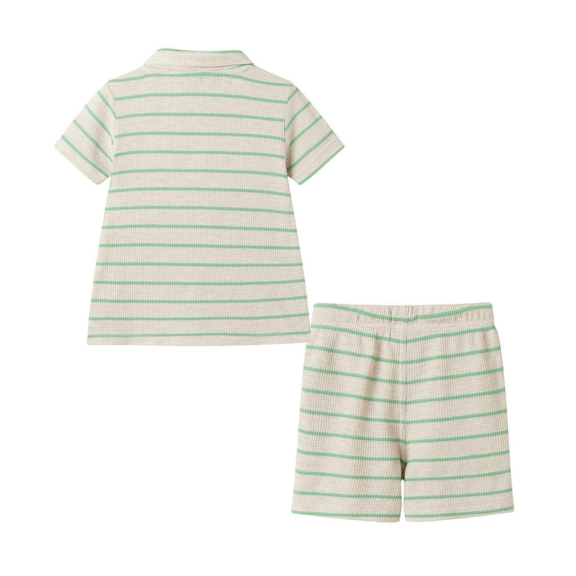 Boys Striped Waffle Polo Set | Oatmeal Dino