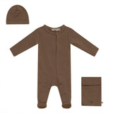 Knitted Front Opening Long Sleeve Romper, Hat, and Pouch Three Piece Set