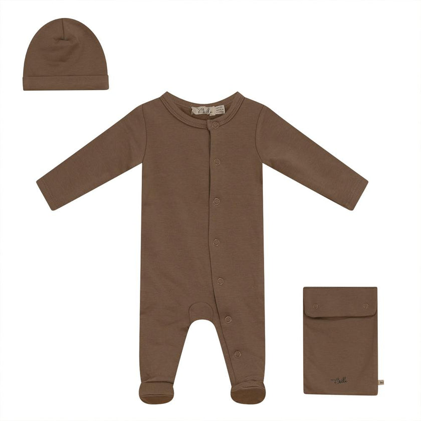 Knitted Front Opening Long Sleeve Romper, Hat, and Pouch Three Piece Set