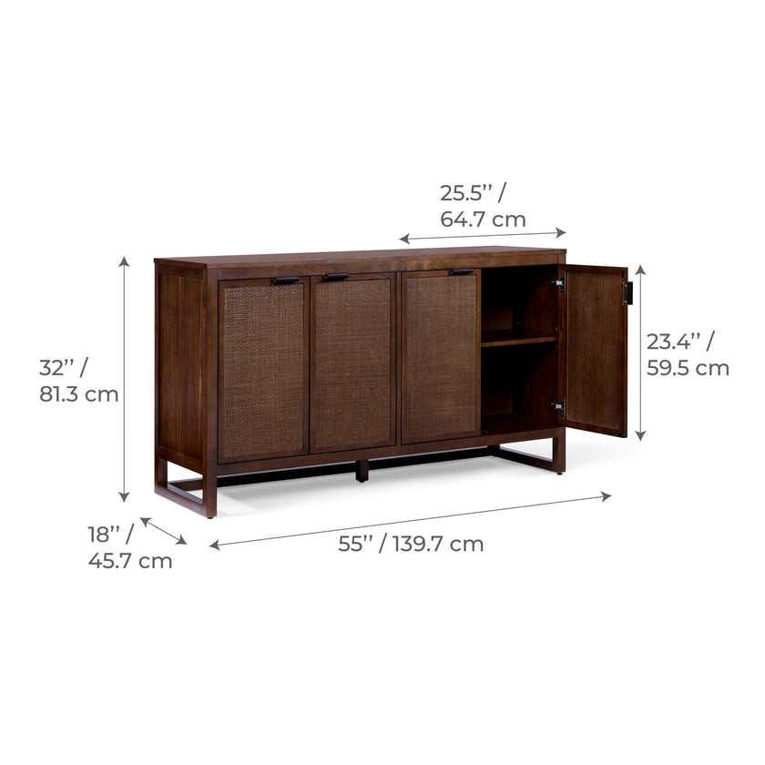 Hatteras Sideboard Cabinet with 4 Rattan Inlay Doors and Adjustable Shelf