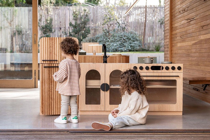 Oak Fluted Play Kitchen Set: Fridge + Sink + Oven