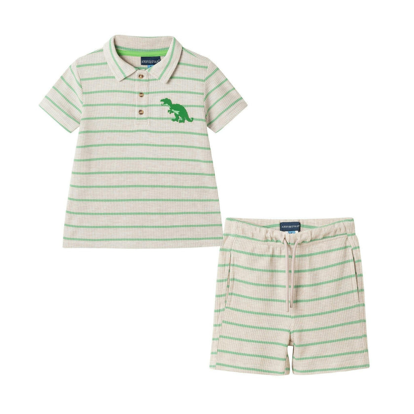 Boys Striped Waffle Polo Set | Oatmeal Dino