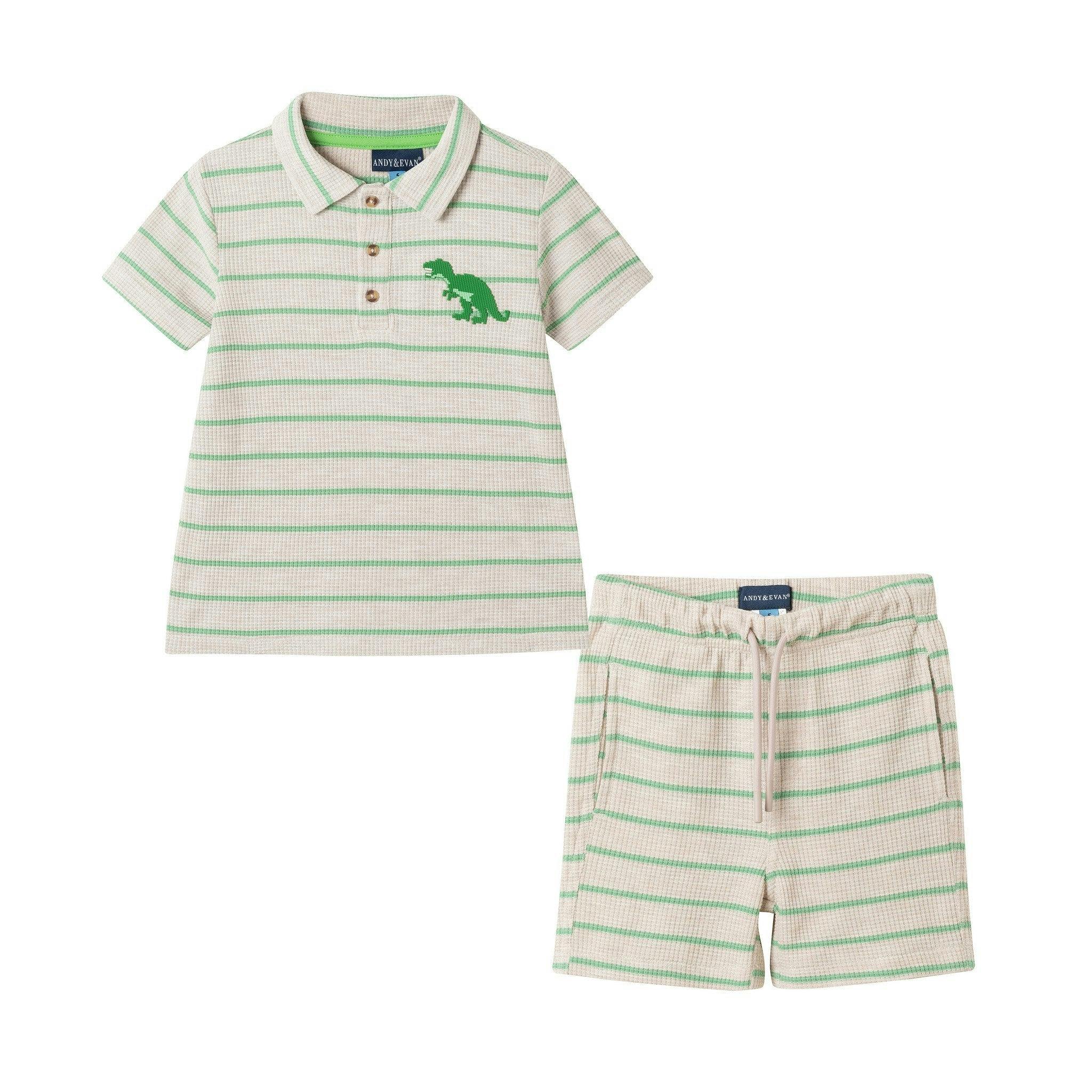 Boys Striped Waffle Polo Set | Oatmeal Dino