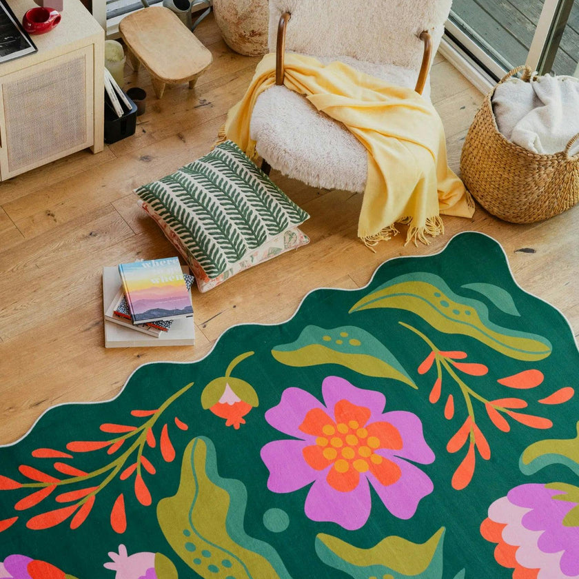 Green Base Pink Floral Wavy Rug by Jessica Miller