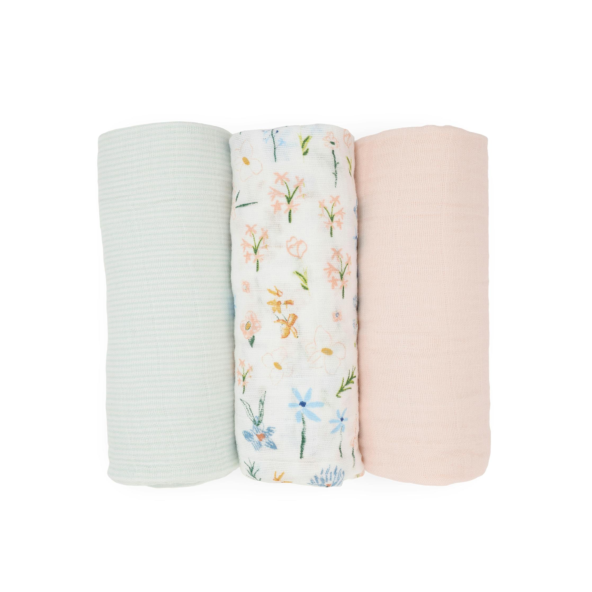Cotton Muslin Swaddle Blanket 3 Pack - Pastel Petals