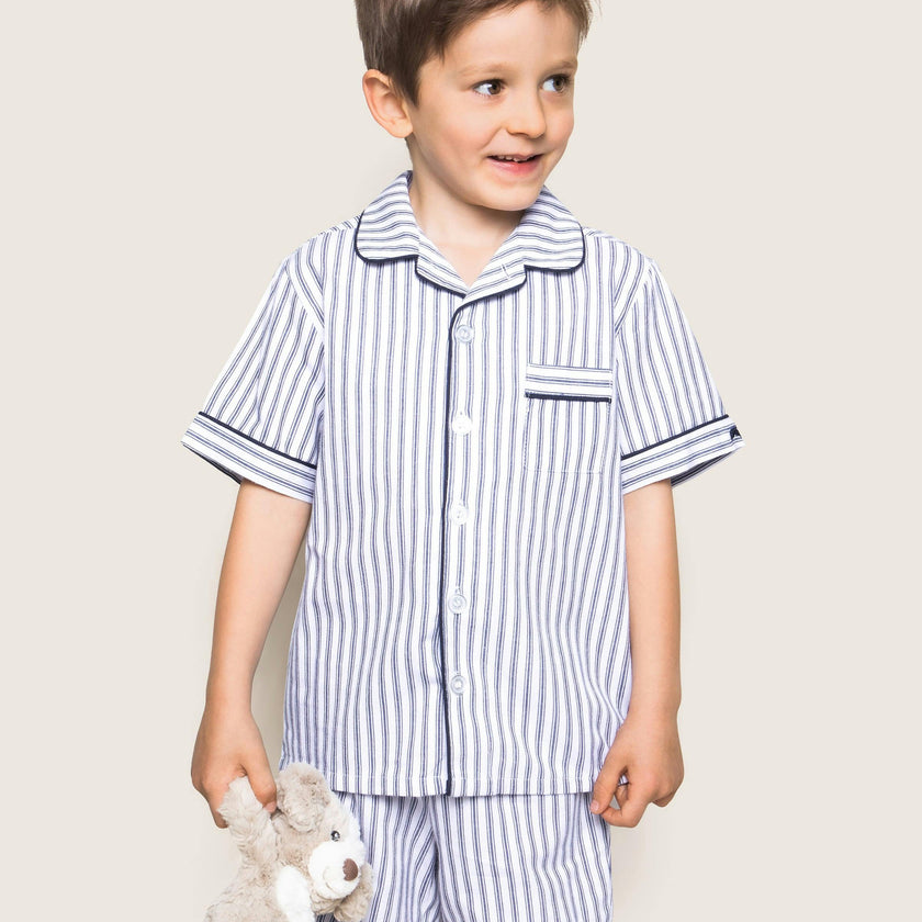 Kid's Twill Pajama Short Set in Navy French Ticking