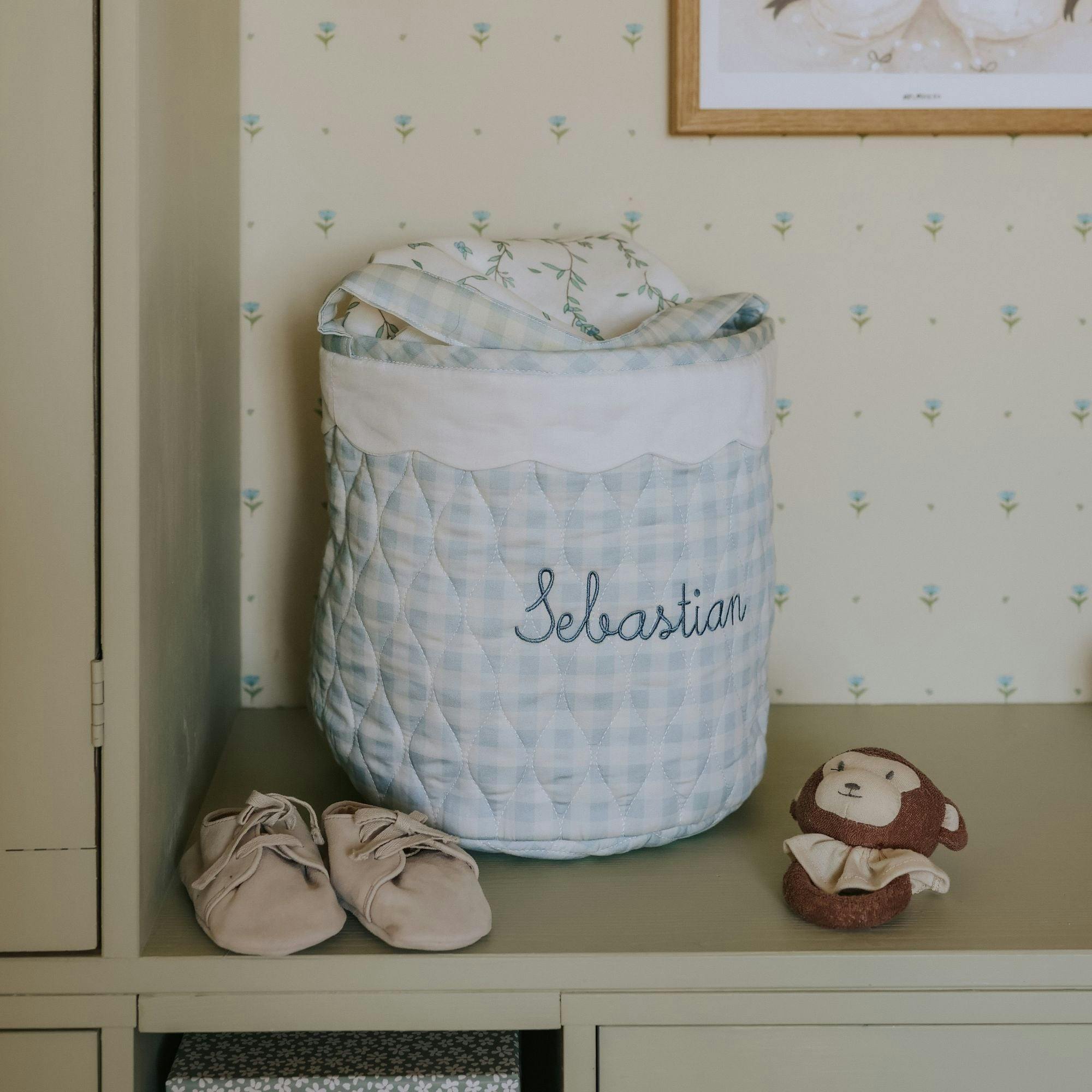 Quilted Storage Basket - Blue Gingham