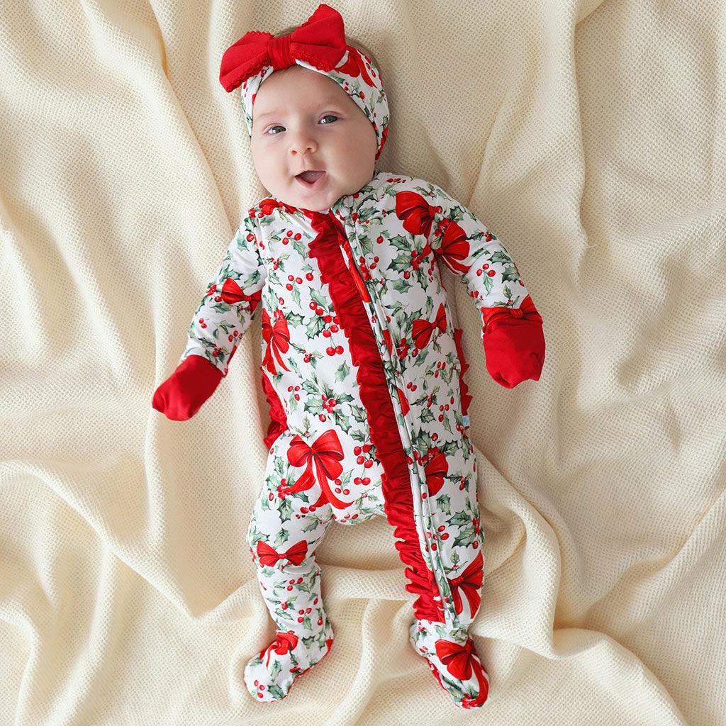 Happy Holly-days Footie Ruffled Zippered One Piece