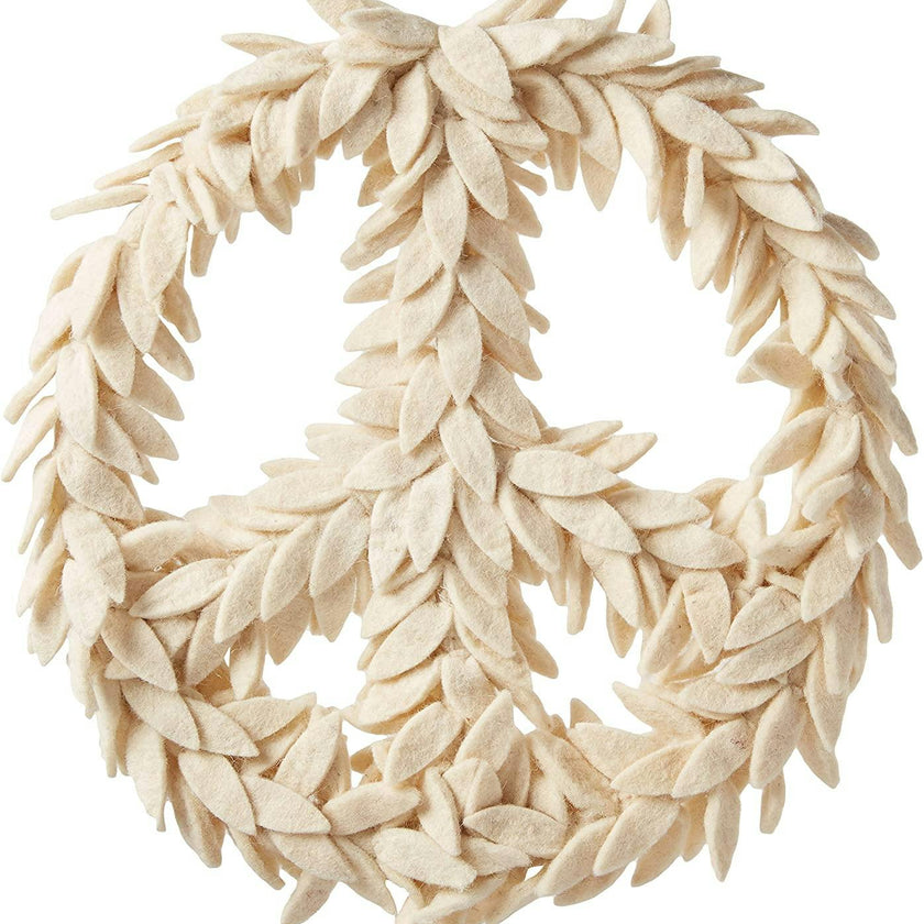 Handmade Hand Felted Wool Wreath - Peace Symbol Cream - 14" Arcadia Home