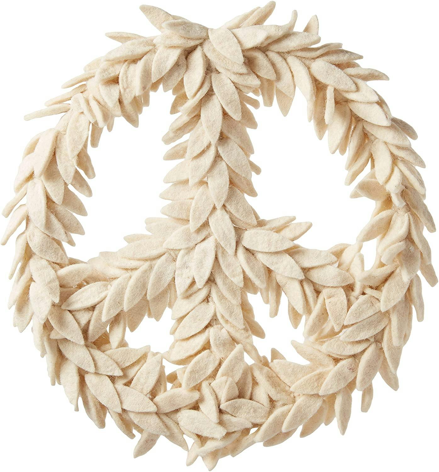 Handmade Hand Felted Wool Wreath - Peace Symbol Cream - 14