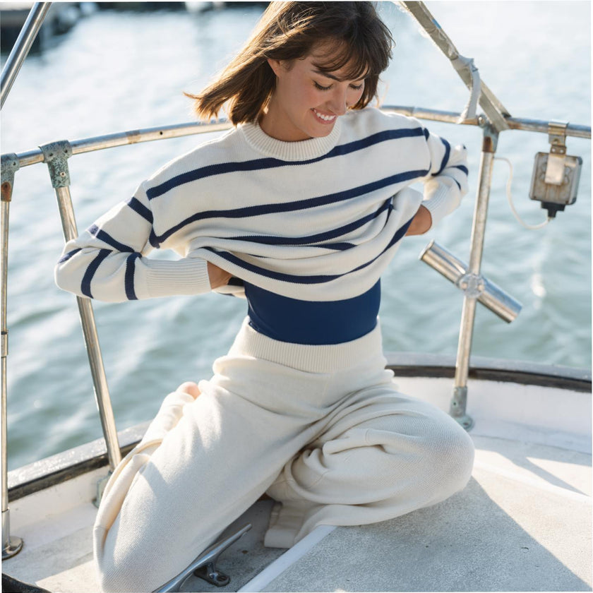 Women's Cream And Navy Wide Stripe Knit Sweater