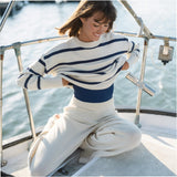 Women's Cream And Navy Wide Stripe Knit Sweater