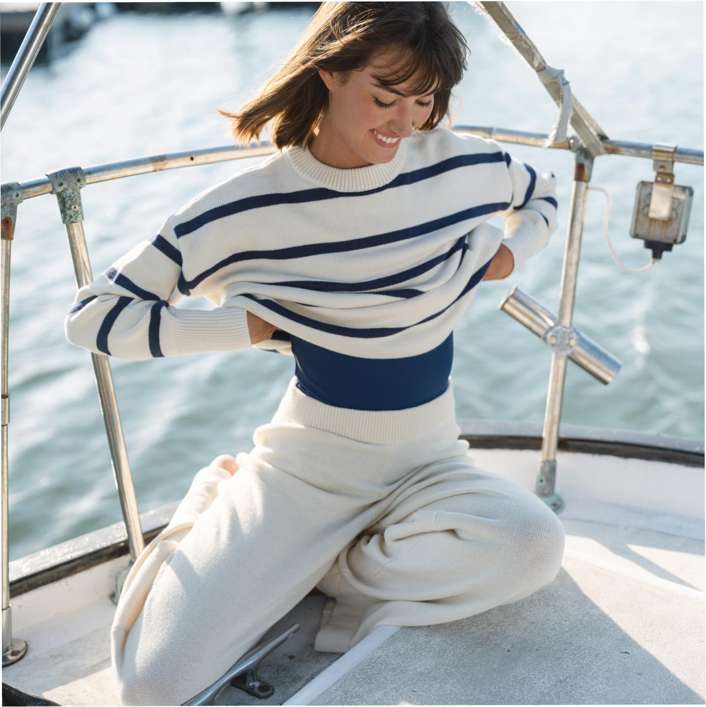 Women's Cream And Navy Wide Stripe Knit Sweater