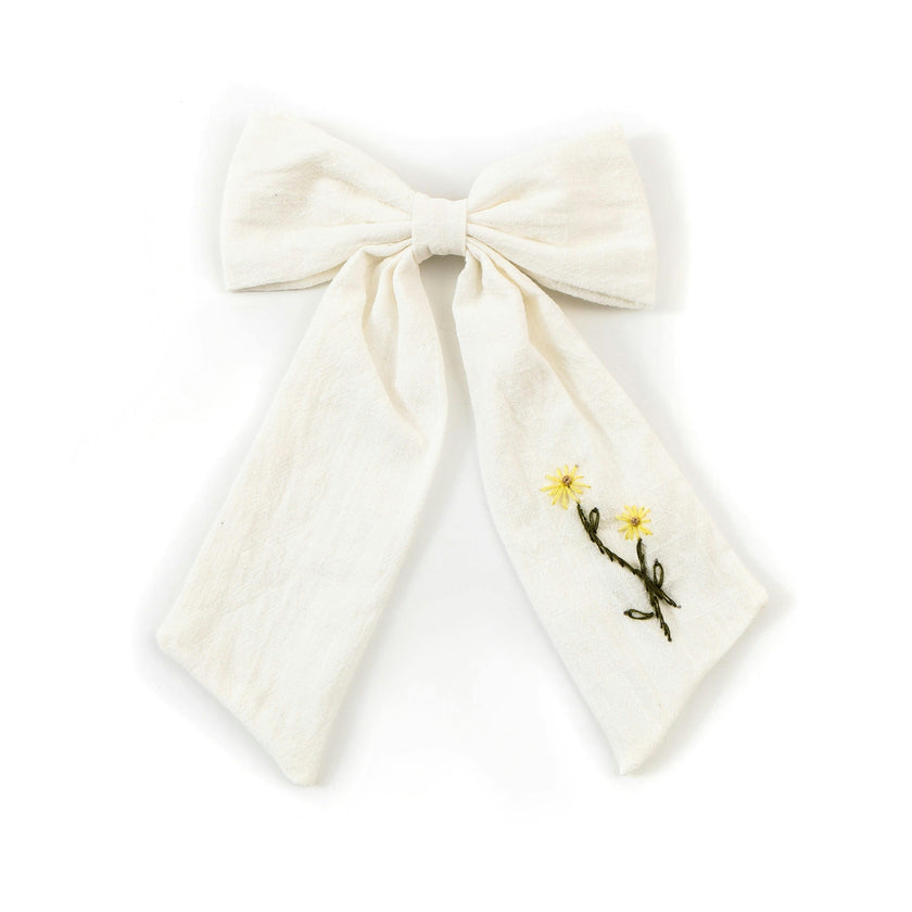 Halo Luxe Felicity Summer Soiree Linen Floral Embroidered Bow Hair Clip - White / Yellow