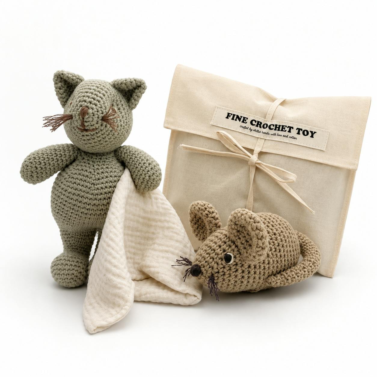 Cat and Mouse Gift Box 🐭 100% organic cotton crochet rattle and plush lovey