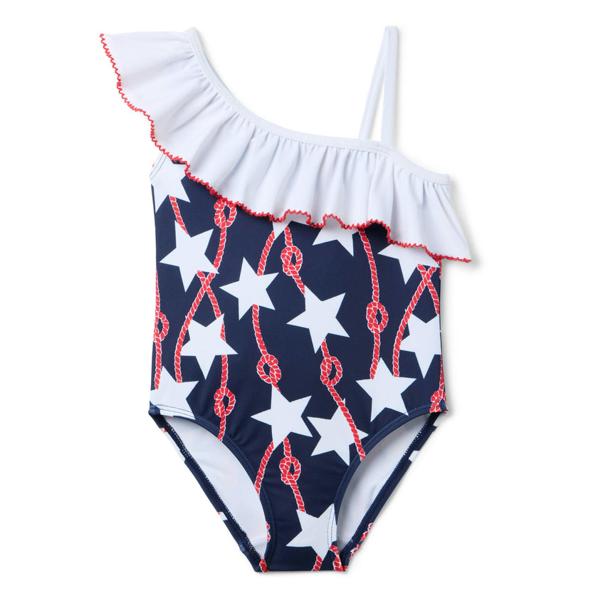 Star Ruffle Shoulder Swimsuit, multicolor
