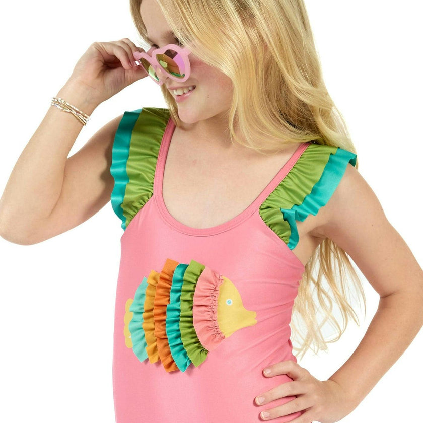 The Coral Reef Ruffle - Little Girls Pink Fish One Piece