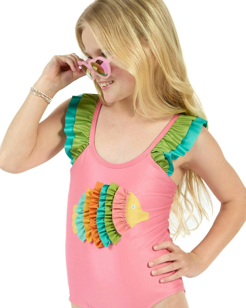 The Coral Reef Ruffle - Little Girls Pink Fish One Piece